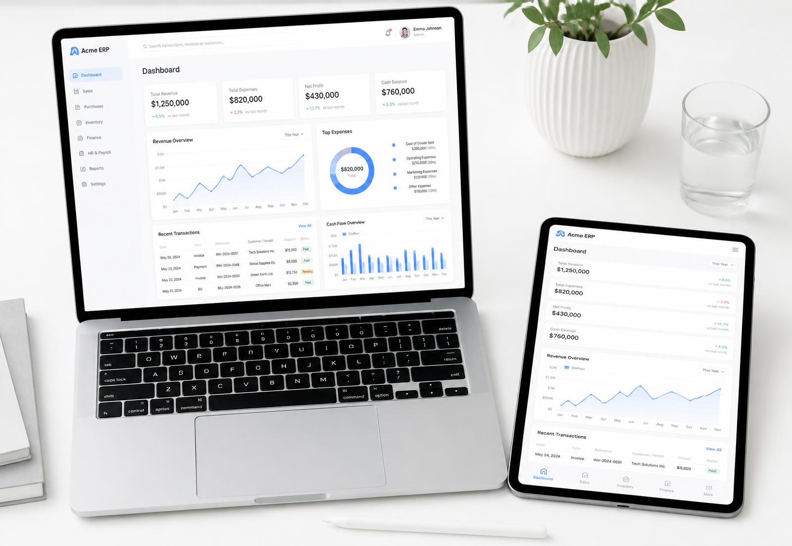 Light ERP dashboard on a laptop and tablet